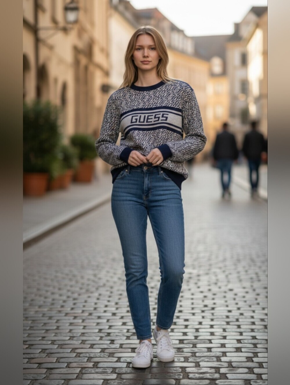 Guess Logo Crewneck Sweater in Navy and Cream